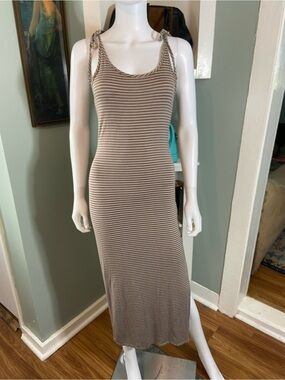 Olivia Rae Brown White Striped Maxi Dress Tie-Strap Shoulders Small S